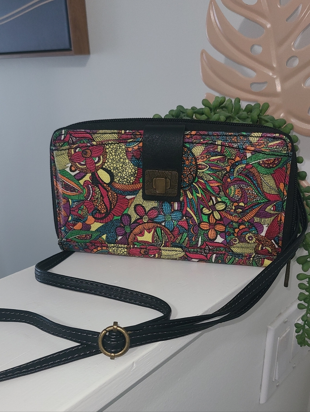 Sakroots Vibrant Multicolor Floral Crossbody Wallet with Black Strap
